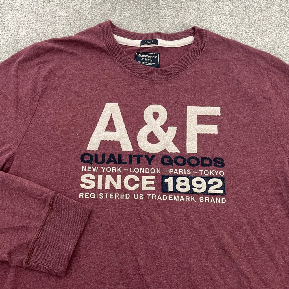 Abercrombie & Fitch XL Muscle Fit Burgundy Graphic Long Sleeve Tee Mens Y2K Red